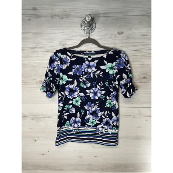 Karen Scott Shirt Womens Petite PP Floral Border Print Crewneck Short Sleeve - Picture 1 of 10